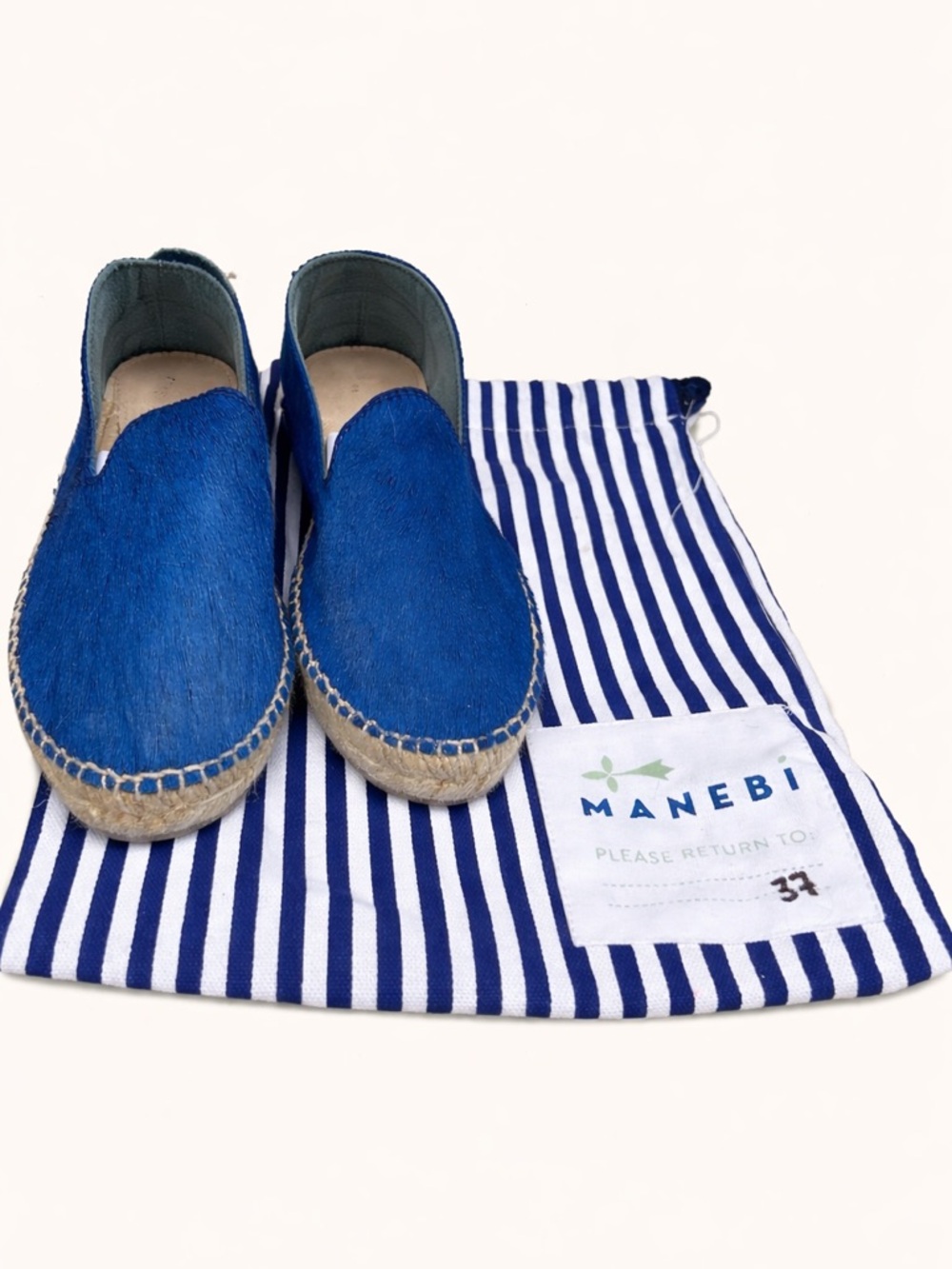 Manebi Blue Calf Hair Espadrilles Size 37 Slip On Flats US 6.5 NWT